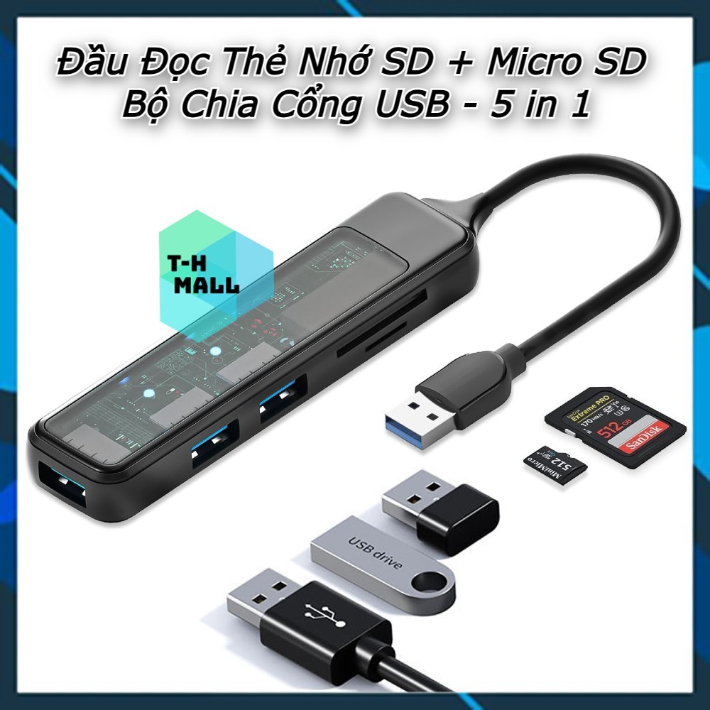 Đầu Đọc Thẻ Nhớ Và Hub Chia Cổng USB A 5 Trong 1 / 3 Cổng USB 3.0 và ...