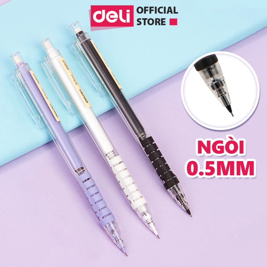 Bút chì kim bấm Deli ngòi 0.5mm màu pastel dễ thương cao cấp cải tiến có đầu tẩy cho học sinh văn phòng nhỏ gọn tiện lợi