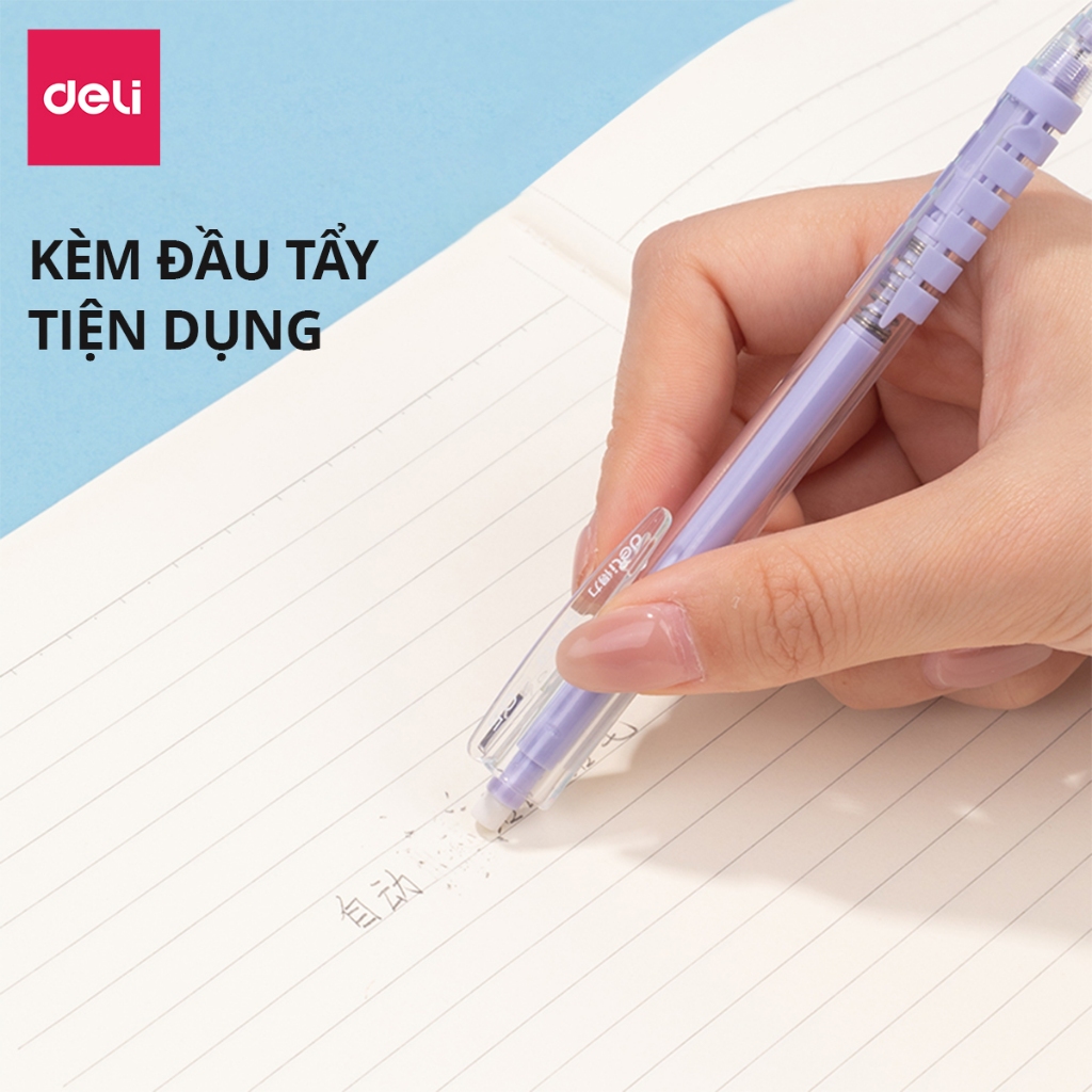 Bút chì kim bấm Deli ngòi 0.5mm màu pastel dễ thương cao cấp cải tiến có đầu tẩy cho học sinh văn phòng nhỏ gọn tiện lợi