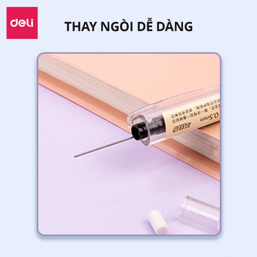Bút chì kim bấm Deli ngòi 0.5mm màu pastel dễ thương cao cấp cải tiến có đầu tẩy cho học sinh văn phòng nhỏ gọn tiện lợi