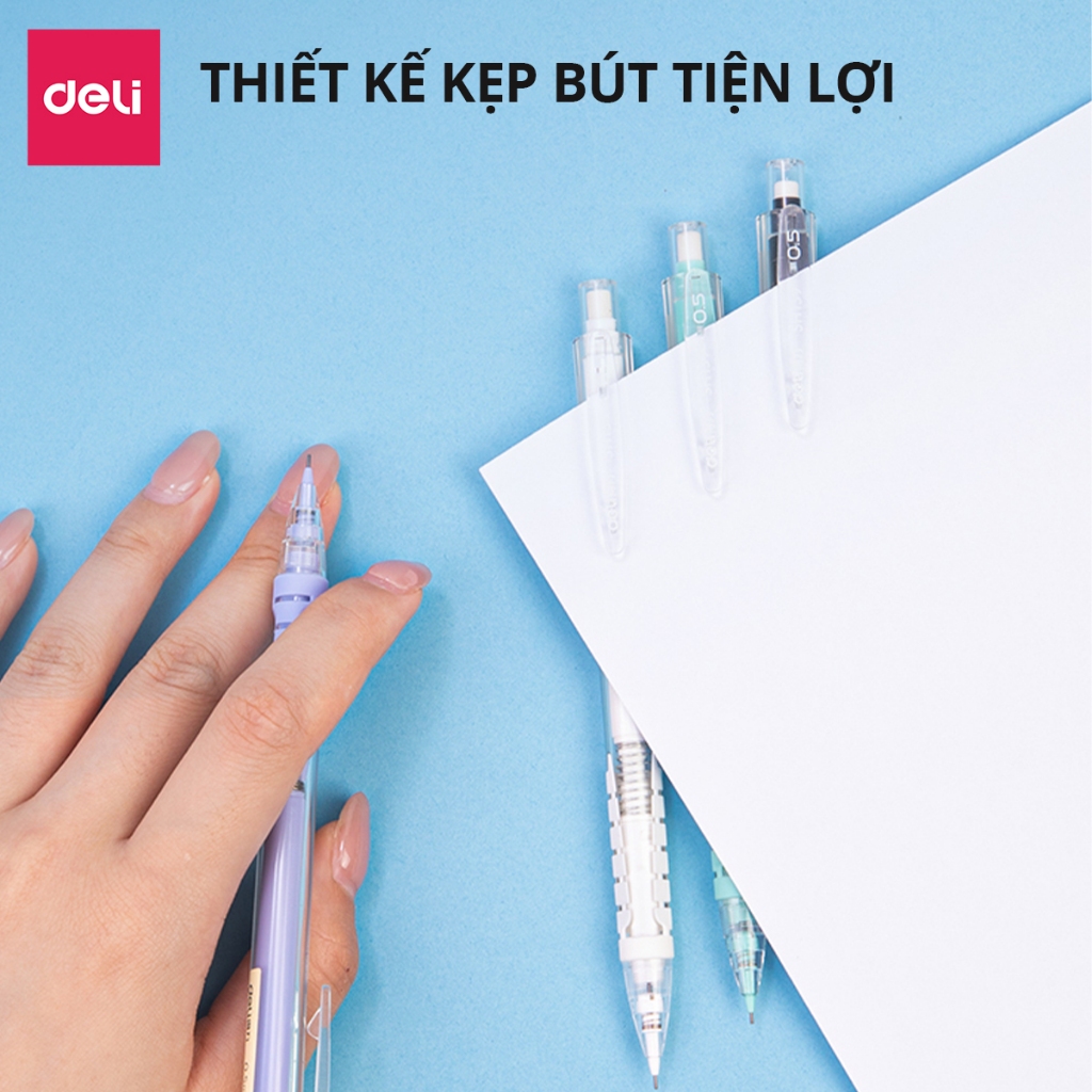 Bút chì kim bấm Deli ngòi 0.5mm màu pastel dễ thương cao cấp cải tiến có đầu tẩy cho học sinh văn phòng nhỏ gọn tiện lợi