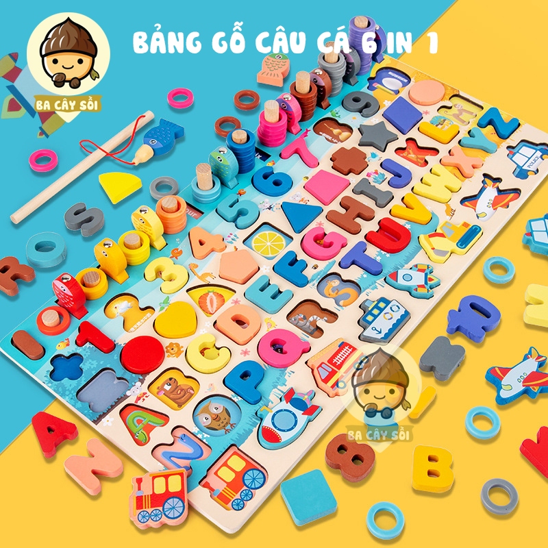 Bảng Gỗ Đồ Chơi Giáo Dục 6 Trong 1 Cho Bé, Gồm Bảng Chữ Cái, Số, Câu Cá Và Xếp Hình