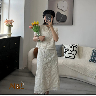 Set Váy Ren Thêu Hoa, Chân Váy Chữ A Dài Màu Trắng Kem. Đi Làm, Đi Chơi, Dự Tiệc Sang Trọng