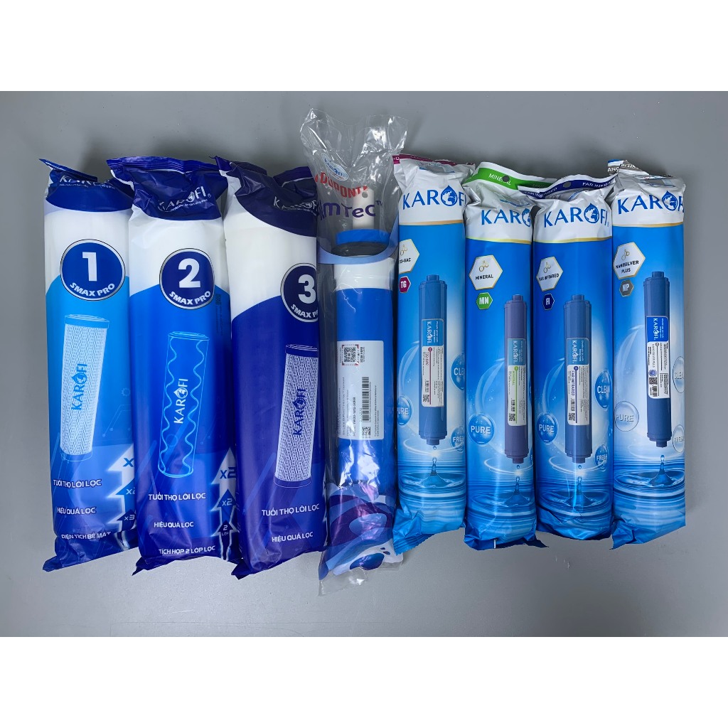 Combo 8 Lõi Lọc Nước Karofi Dòng Mới Gồm 123 Smax Pro - Màng RO Dupont 50GPD - Lõi Chức Năng T33 Mineral Far Nano