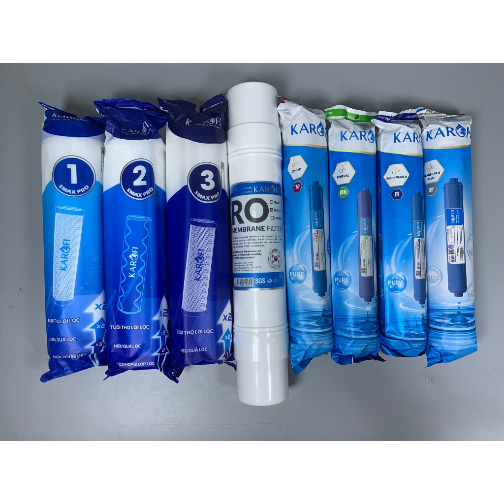 Combo 8 Lõi Lọc Nước Karofi Gồm Lõi 123 Smax Pro - Màng RO Đúc 100GPD Cắm Nhanh - T33 Mineral Far Nano ERO80 Mẫu mới