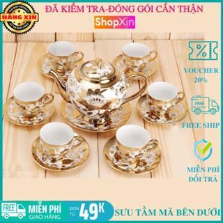 Bộ ấm chén uống trà 6 tách kèm 7 dĩa sang trọng hoa văn ngẫu nhiên nhũ vàng hoàng gia, bộ ấm trà dùng chưng bàn khách