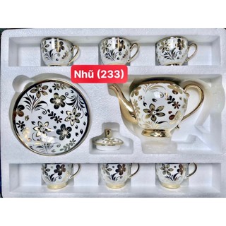 Bộ ấm chén uống trà 6 tách kèm 7 dĩa sang trọng hoa văn ngẫu nhiên nhũ vàng hoàng gia, bộ ấm trà dùng chưng bàn khách
