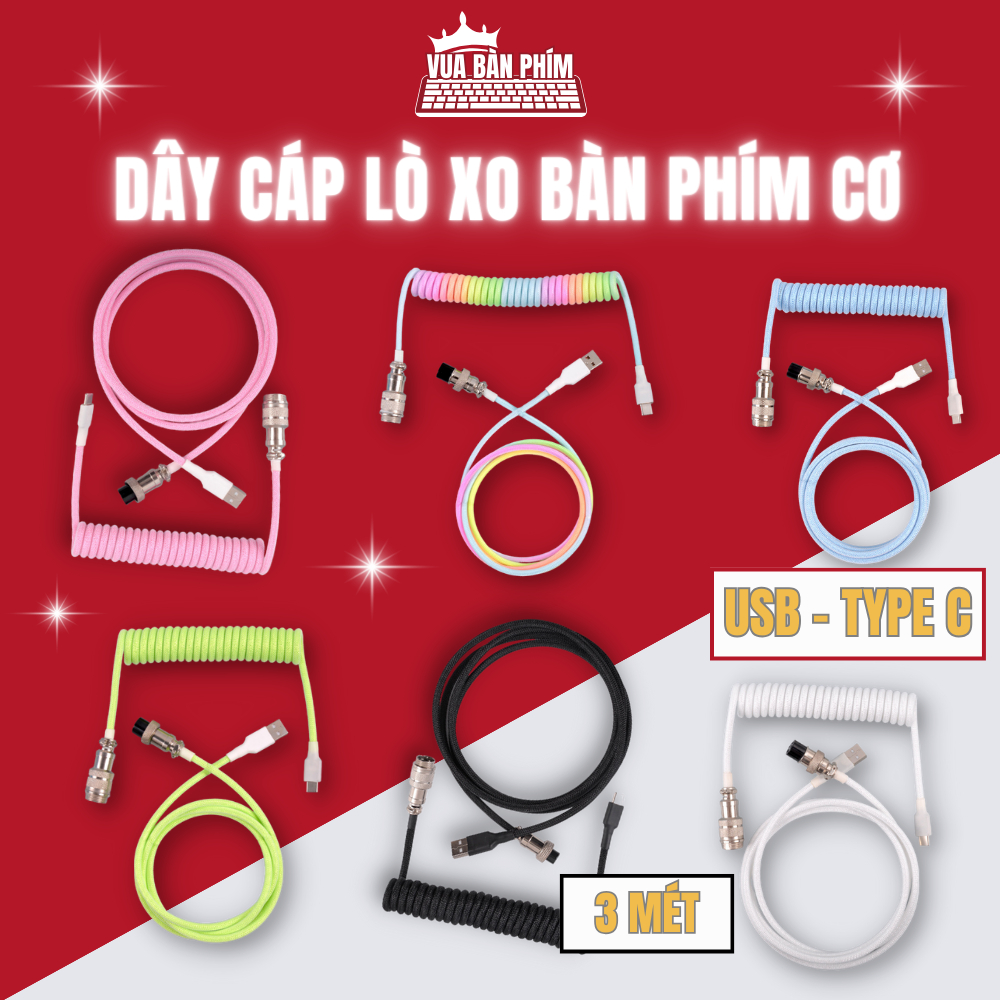 Dây cáp bàn phím cơ usb - type C, lò xo xoắn dây dù Polyethylene cao cấp,dài 3m, trục nối kim loại chuẩn GX12
