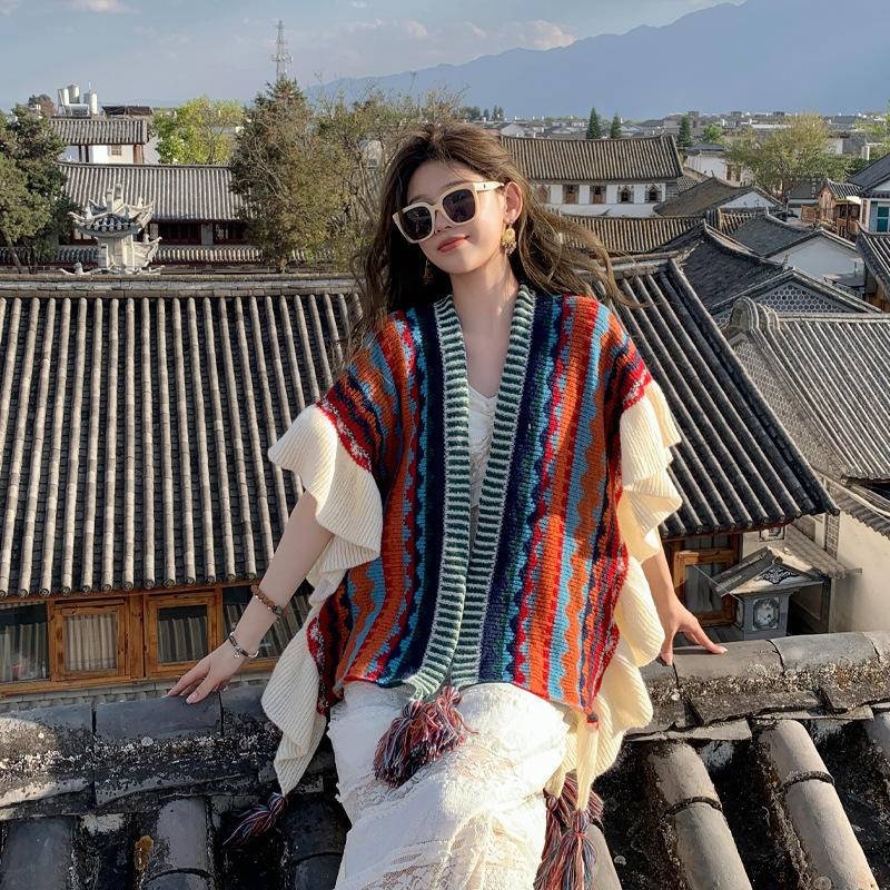 Khăn Áo Choàng Len Boho Thổ Cẩm Nữ Mùa Thu Đông Kiểu Khoác Ngoài Chất Len Móc Dày Ấm 106*135cm
