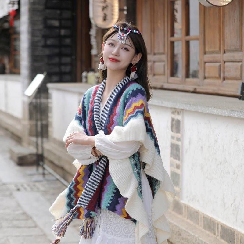 Khăn Áo Choàng Len Boho Thổ Cẩm Nữ Mùa Thu Đông Kiểu Khoác Ngoài Chất Len Móc Dày Ấm 106*135cm