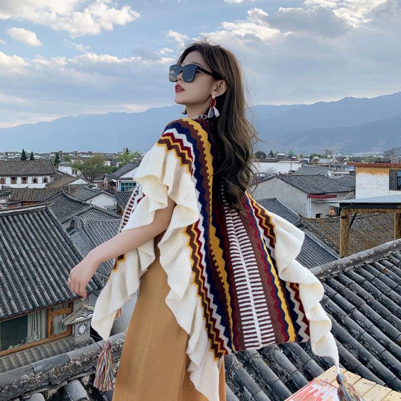 Khăn Áo Choàng Len Boho Thổ Cẩm Nữ Mùa Thu Đông Kiểu Khoác Ngoài Chất Len Móc Dày Ấm 106*135cm