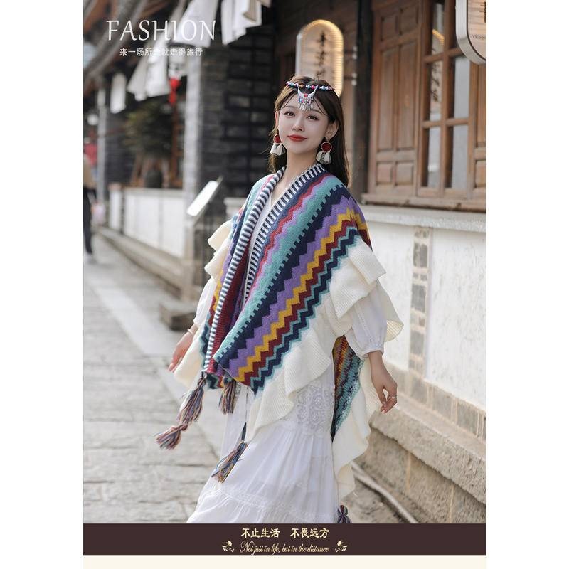 Khăn Áo Choàng Len Boho Thổ Cẩm Nữ Mùa Thu Đông Kiểu Khoác Ngoài Chất Len Móc Dày Ấm 106*135cm