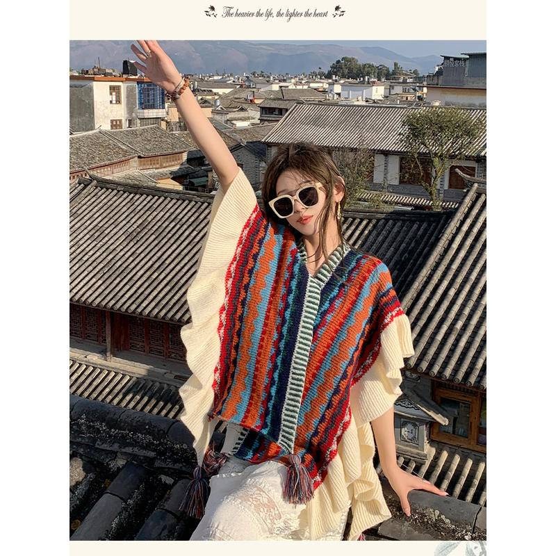 Khăn Áo Choàng Len Boho Thổ Cẩm Nữ Mùa Thu Đông Kiểu Khoác Ngoài Chất Len Móc Dày Ấm 106*135cm