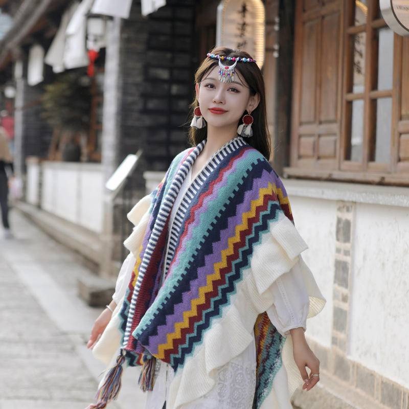 Khăn Áo Choàng Len Boho Thổ Cẩm Nữ Mùa Thu Đông Kiểu Khoác Ngoài Chất Len Móc Dày Ấm 106*135cm
