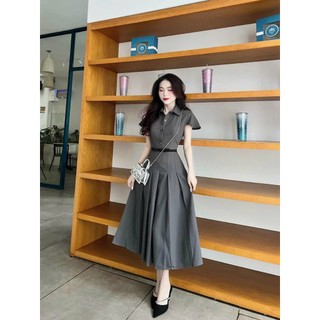 Đầm nữ thời trang mặc đi chơi chất tuyết mưa cổ sơmi tay ngắn, chân váy maxi lưng cao xếp ly dáng xoè xinh xắn