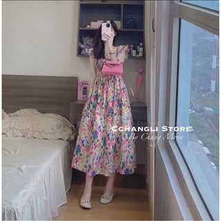 Đầm nữ mặc đi chơi đi biển chất voan hoa hai lớp cao cấp cổ thuyền tay cánh tiên cúp ngực váy maxi dáng xoè