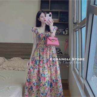Đầm nữ mặc đi chơi đi biển chất voan hoa hai lớp cao cấp cổ thuyền tay cánh tiên cúp ngực váy maxi dáng xoè