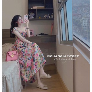Đầm nữ mặc đi chơi đi biển chất voan hoa hai lớp cao cấp cổ thuyền tay cánh tiên cúp ngực váy maxi dáng xoè