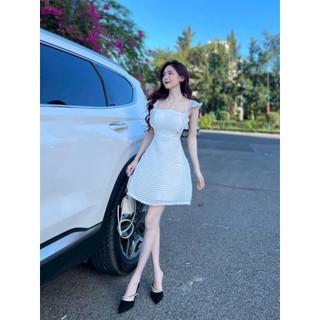 Đầm thời trang nữ mặc đi tiệc chất xô hột cổ thuyền dây cổ tay cánh tiên có mút ngực váy chữ A hai lớp