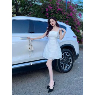 Đầm thời trang nữ mặc đi tiệc chất xô hột cổ thuyền dây cổ tay cánh tiên có mút ngực váy chữ A hai lớp