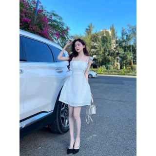 Đầm thời trang nữ mặc đi tiệc chất xô hột cổ thuyền dây cổ tay cánh tiên có mút ngực váy chữ A hai lớp