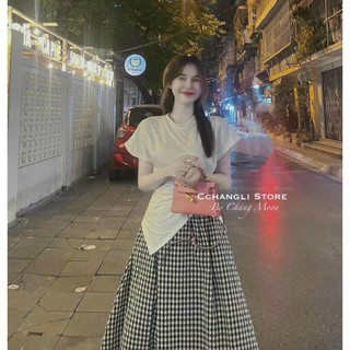 Set váy nữ mặc đi chơi xinh xắn áo borip cổ tròn tay ngắn phối xoắn eo xéo tà mix chân váy bố caro maxi xoè thời trang