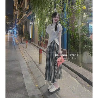 Set váy nữ mặc đi chơi xinh xắn áo borip cổ tròn tay ngắn phối xoắn eo xéo tà mix chân váy bố caro maxi xoè thời trang