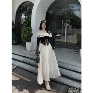 Set váy tiểu thư mặc đi tiệc áo thun gân trễ vai phối voan tay dài mix chân váy maxi dáng xoè hai lớp cao cấp