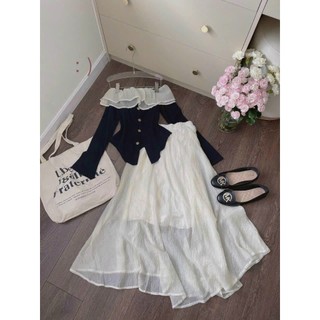 Set váy tiểu thư mặc đi tiệc áo thun gân trễ vai phối voan tay dài mix chân váy maxi dáng xoè hai lớp cao cấp
