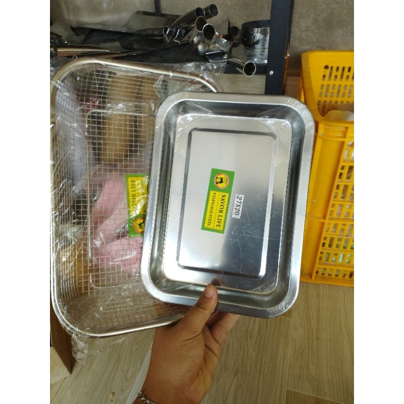 bộ rổ lưới vuông inox + khay inox loại trung | Shopee Việt Nam