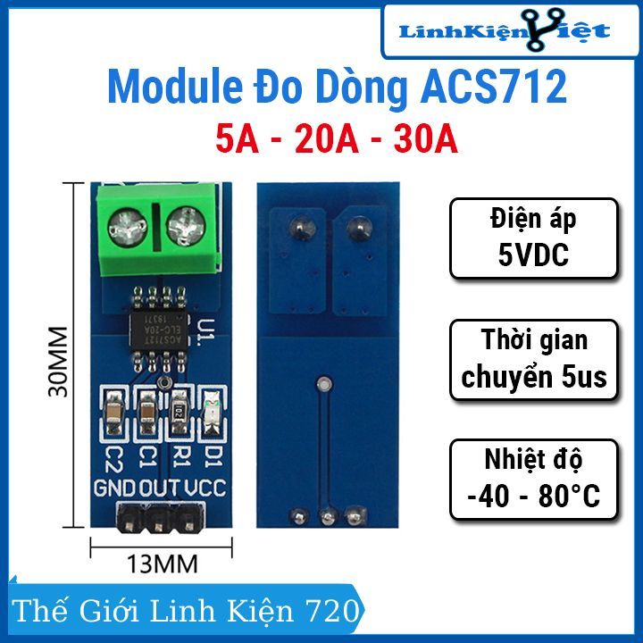 Module Đo Dòng ACS712 điện áp 5VDC nhiệt độ hoạt động - 40 đến 80 độ C ...