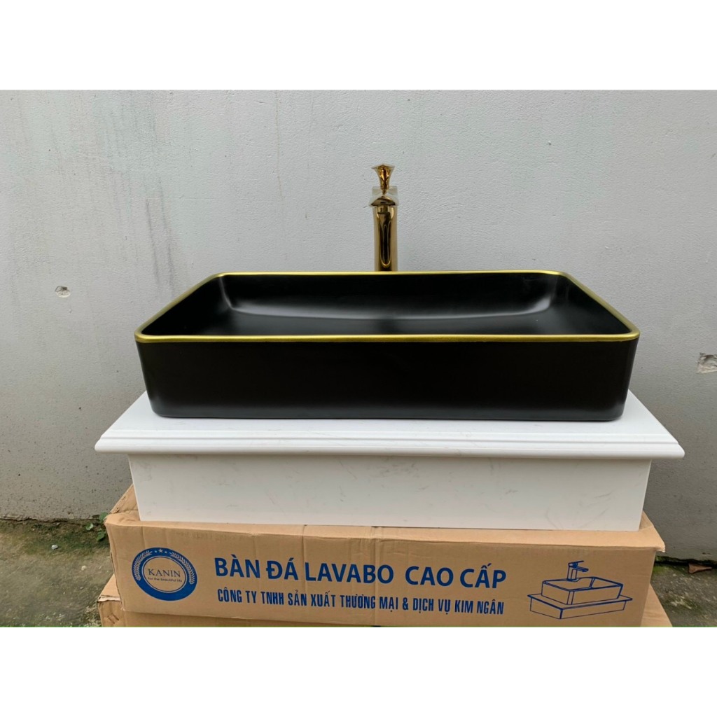 Lavabo chữ nhật đen viền vàng đặt dương bàn đá | Shopee Việt Nam
