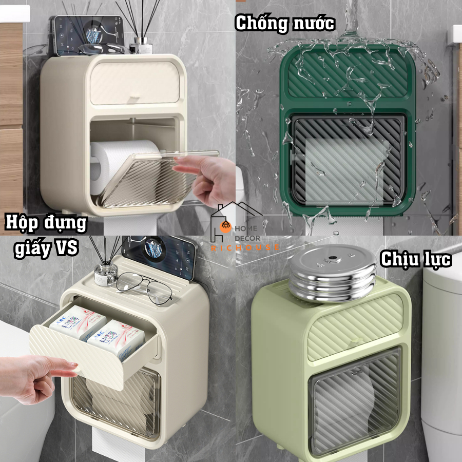 Hộp Đựng Giấy Vệ Sinh Treo Tường 2 trong 1, hộp đựng giấy treo tường chất liệu ABS chống nước