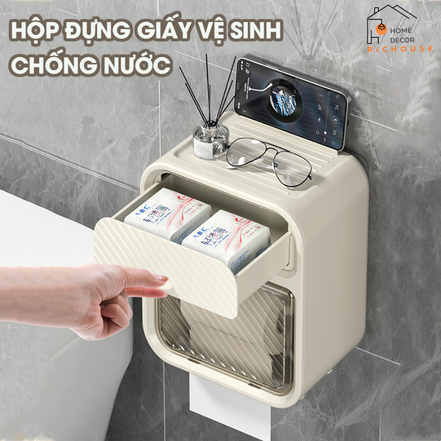Hộp Đựng Giấy Vệ Sinh Treo Tường 2 trong 1, hộp đựng giấy treo tường chất liệu ABS chống nước