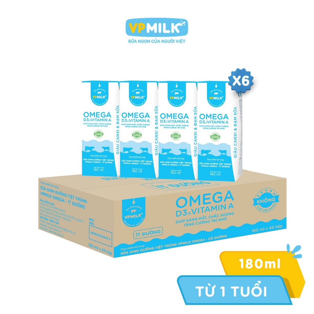 Ảnh Sữa Dinh Dưỡng Tiệt Trùng VPMilk Omega ÍT ĐƯỜNG dạng HỘP 180ml (4 hộp x 6) 1