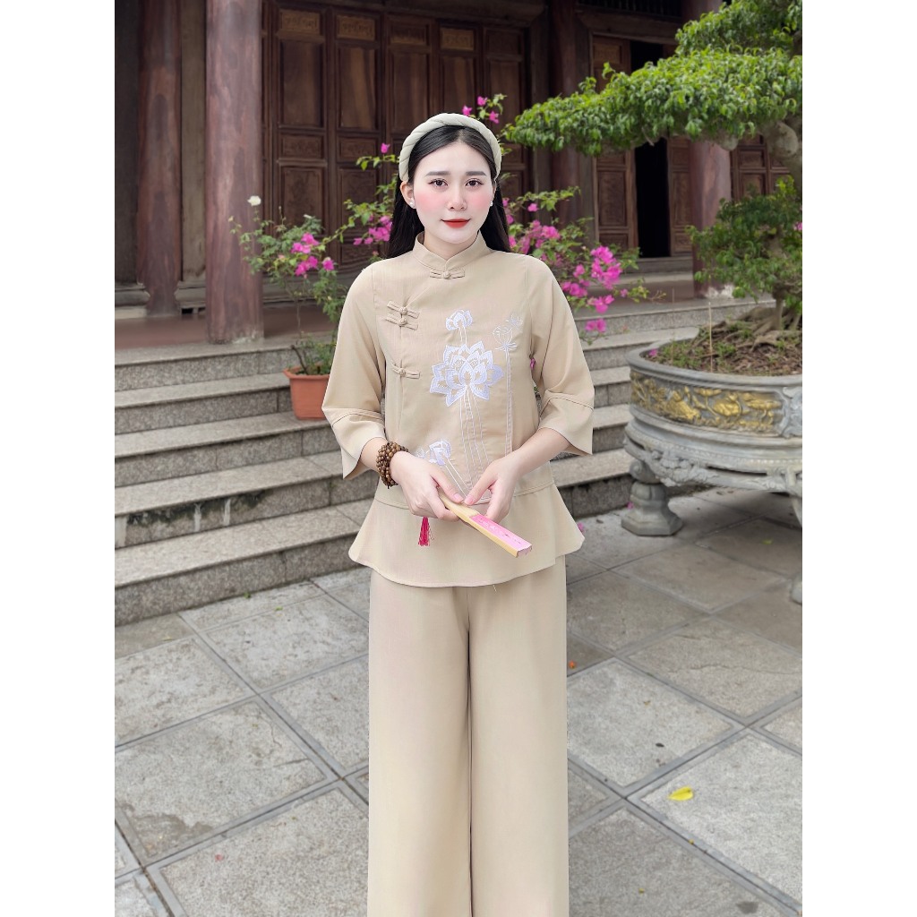 Pháp phục đi chùa MPB vải đũi thêu hoa sen Đồ lam đi chùa nữ cổ tàu tay lỡ Bộ đi lễ fom xuông vải mềm mịn
