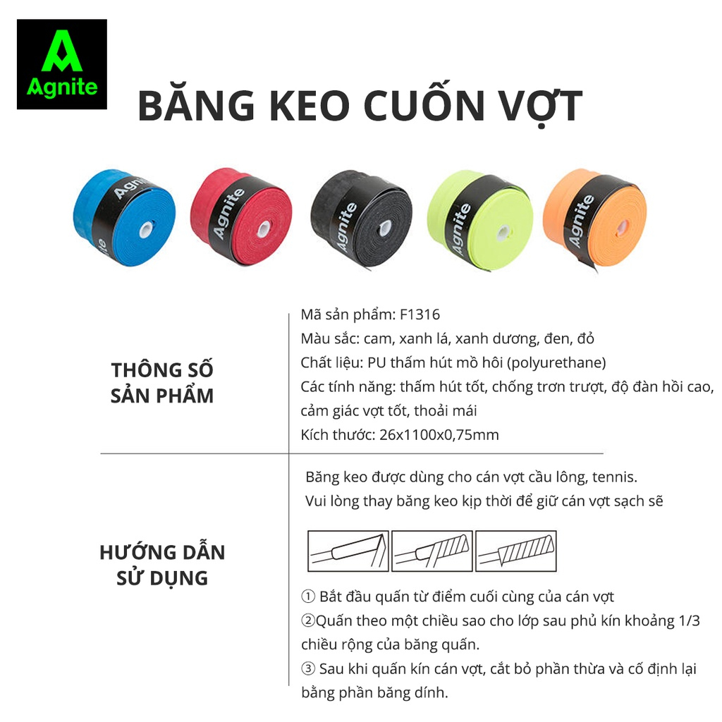 [Màu ngẫu nhiên] Quấn vợt cầu lông, tennis chính hãng Agnite, chống trơn trượt, thoáng khí, ma sát tốt