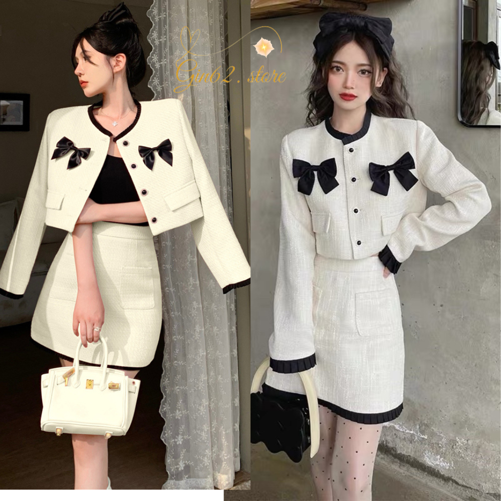 WALYN SET & TYLA TOP - SET ÁO VEST, ÁO TRONG THẮT NƠ & CHÂN VÁY CHỮ A CHẤT LIỆU TWEED CAO CẤP