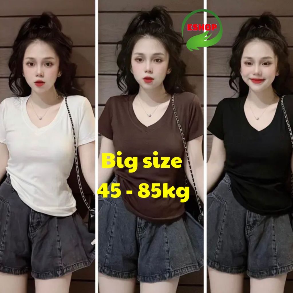 Áo Thun Nữ Cổ Tim Cổ Tròn Bigsize 45-90Kg ESHOP Áo Phông Nữ Tay Ngắn Thun Gân Dễ Thương Áo Thun Trơn AT68