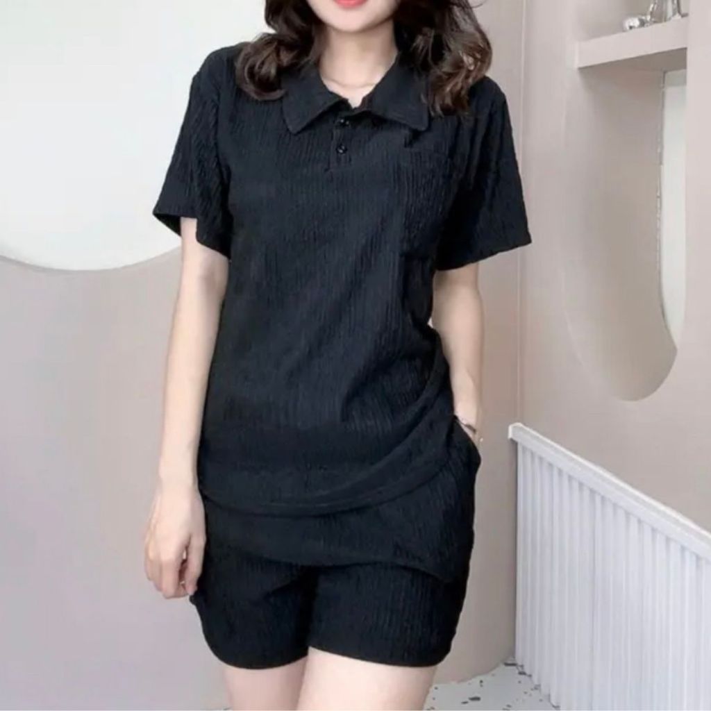 Đồ bộ nữ quần đùi bigsize áo cổ trụ polo ESHOP Đồ bộ mặc nhà thể thao quần đùi đẹp dễ thương đi chơi ngủ cute DB43