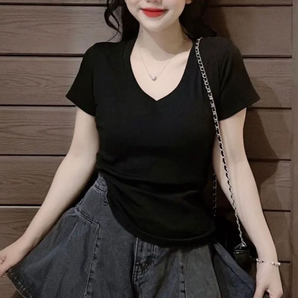 Áo Thun Nữ Cổ Tim Cổ Tròn Bigsize 45-90Kg ESHOP Áo Phông Nữ Tay Ngắn Thun Gân Dễ Thương Áo Thun Trơn AT68