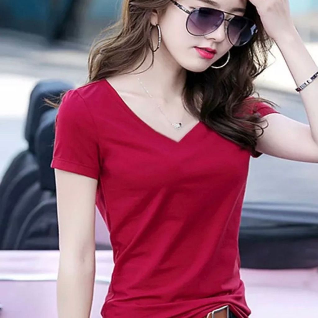 Áo Thun Nữ Cổ Tim Cổ Tròn Bigsize 45-90Kg ESHOP Áo Phông Nữ Tay Ngắn Thun Gân Dễ Thương Áo Thun Trơn AT68