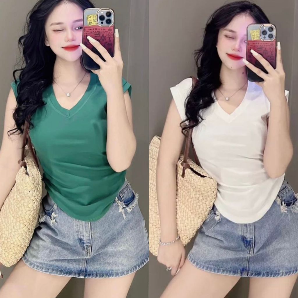 Áo Thun Nữ Cổ Tim Cổ Tròn Bigsize 45-90Kg ESHOP Áo Phông Nữ Tay Ngắn Thun Gân Dễ Thương Áo Thun Trơn AT68