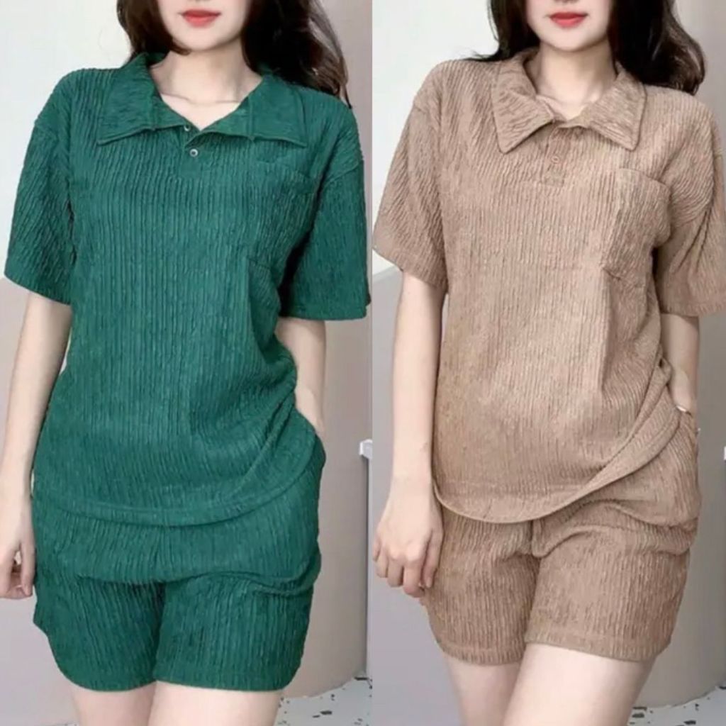 Đồ bộ nữ quần đùi bigsize áo cổ trụ polo ESHOP Đồ bộ mặc nhà thể thao quần đùi đẹp dễ thương đi chơi ngủ cute DB43