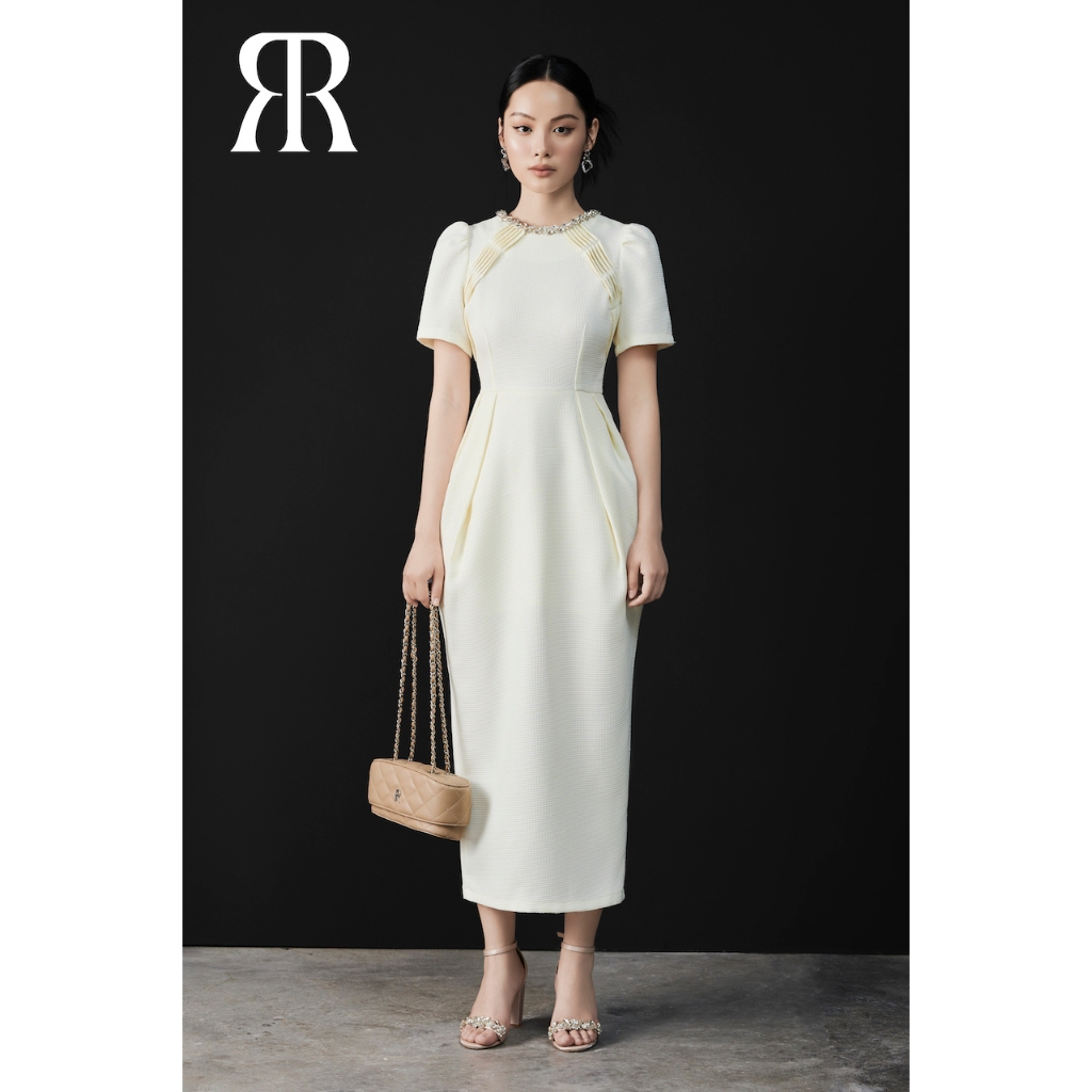 RẬP – Đầm Cổ Tròn Đính Đá Tay Ngắn Thân Dài Xếp – GEM 02 LONG
