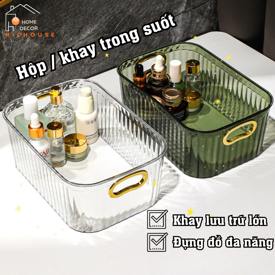 Khay Nhựa Trong Suốt Đựng Mỹ Phẩm Có Tay Cầm - Giỏ Đựng Đồ Bề Bàn, Dụng Cụ Trang Điểm Đa Năng