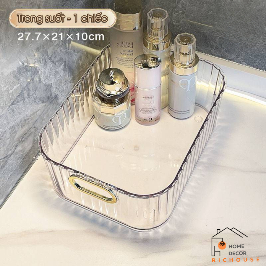 Khay Nhựa Trong Suốt Đựng Mỹ Phẩm Có Tay Cầm - Giỏ Đựng Đồ Bề Bàn, Dụng Cụ Trang Điểm Đa Năng