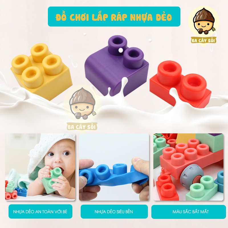 Đồ chơi lắp ráp nhựa dẻo an toàn cho bé, đồ chơi lắp ghép thông minh 50 chi tiết kèm hộp đựng siêu xinh có bánh xe