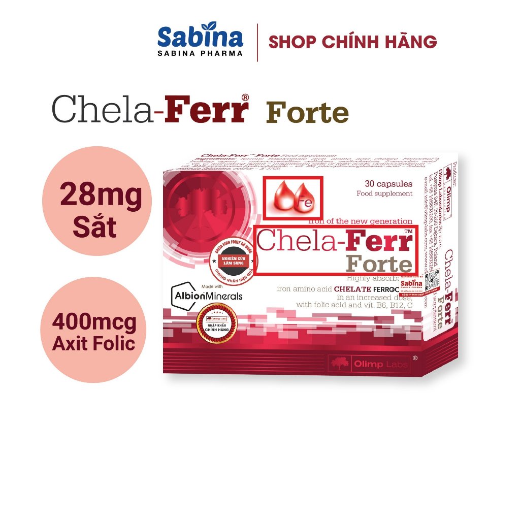 [Chính hãng] Sắt Chela-Ferr® Forte (Olimp Labs) 28mg sắt –Viên sắt cho bà bầu hỗ trợ bổ sung và dễ hấp thu sắt 30 viên,