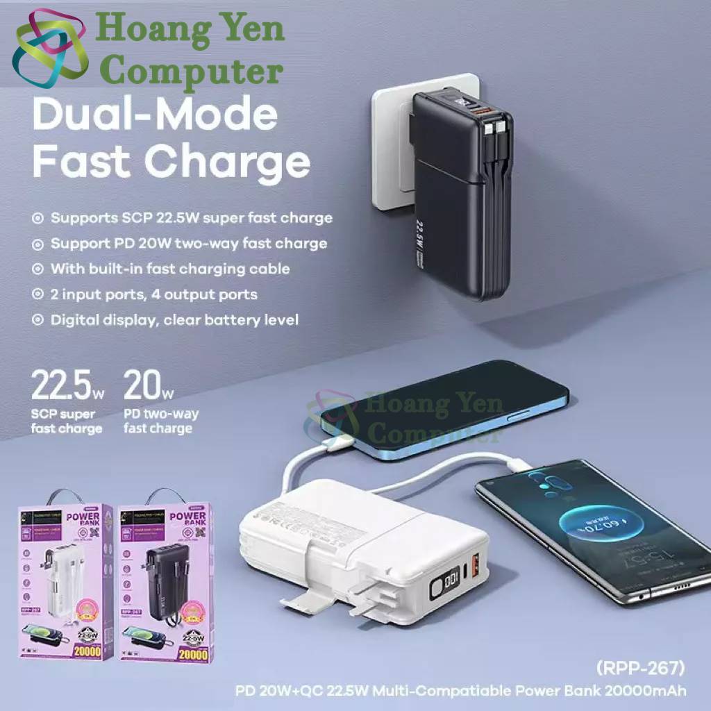 [Có CCC] Sạc Dự Phòng Remax RPP-267 20000Mah (Sạc Nhanh QC3.0, VOOC 2.0, PD20W), Tích Hợp Cáp Sạc, Nguồn Sạc Trực Tiếp